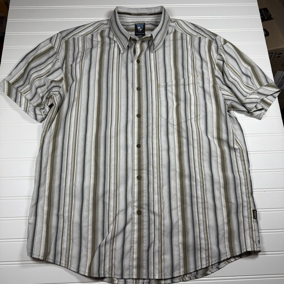Kuhl Short Sleeve Button Up Shirt Men's Large White Brown Striped GUC Outdoors - Picture 2 of 4